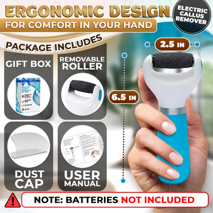 AZZORI battery powered foot file showing the microdermabrasion roller head close up.