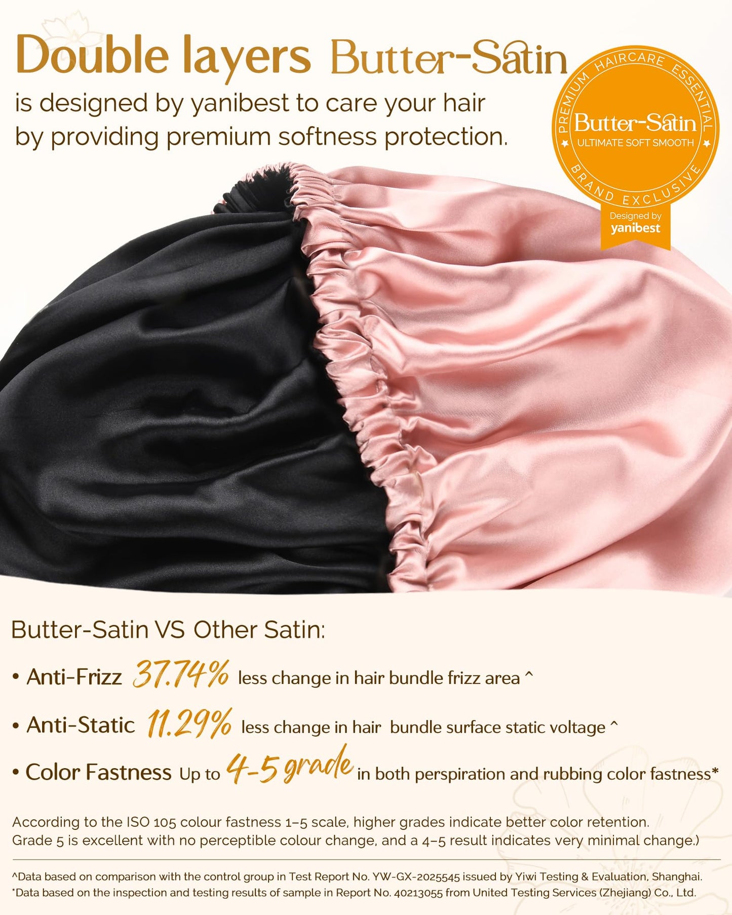 Woman wearing blush pink Yanibest satin bonnet for hair protection