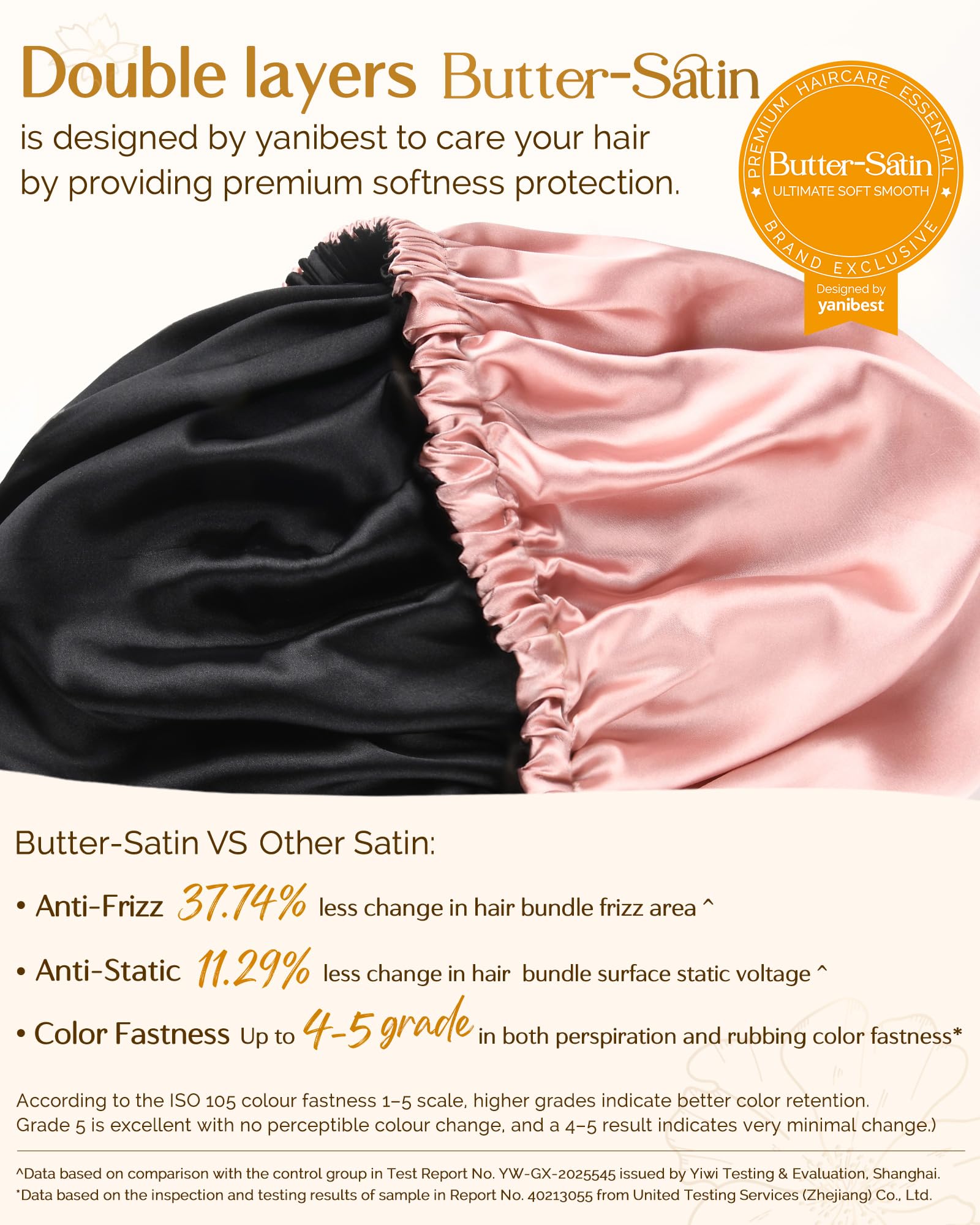 Woman wearing blush pink Yanibest satin bonnet for hair protection