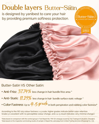 Woman wearing blush pink Yanibest satin bonnet for hair protection