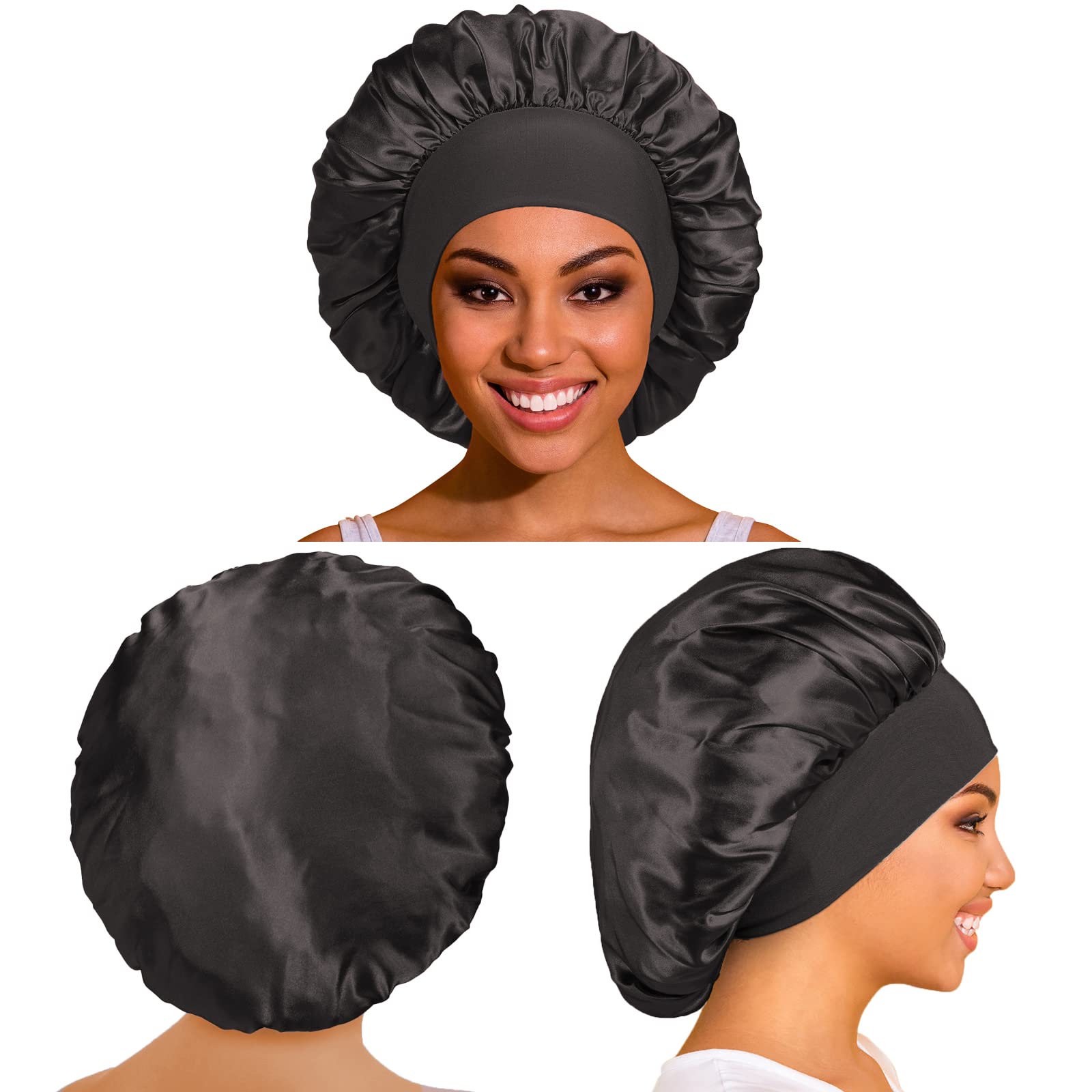 Woman wearing Philights satin hair bonnet for sleep