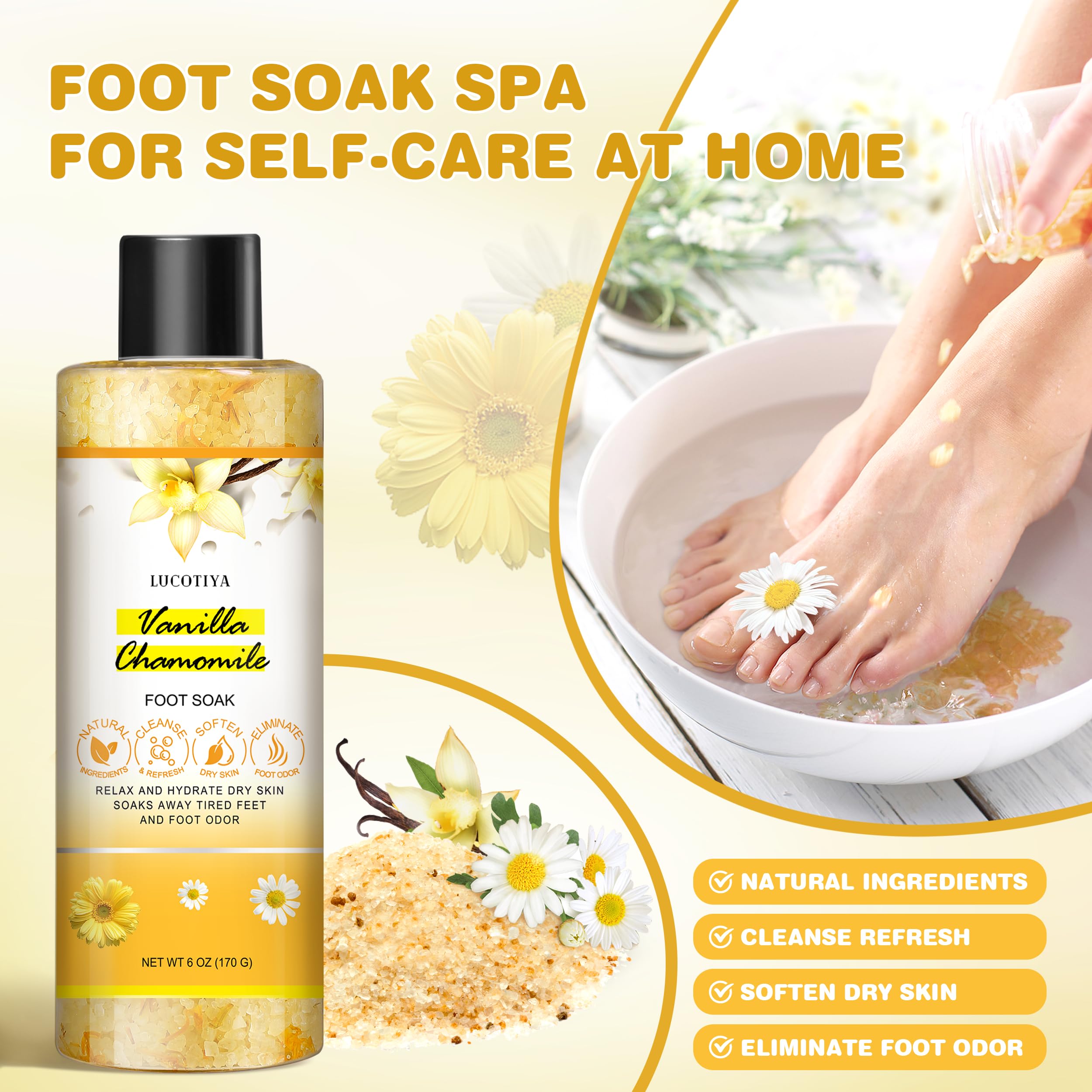 Lucotiya vanilla chamomile foot soak salts container