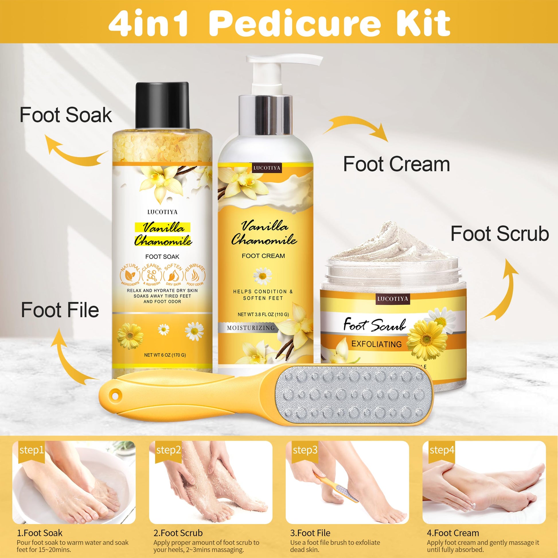 Lucotiya pedicure kit contents organized on a surface