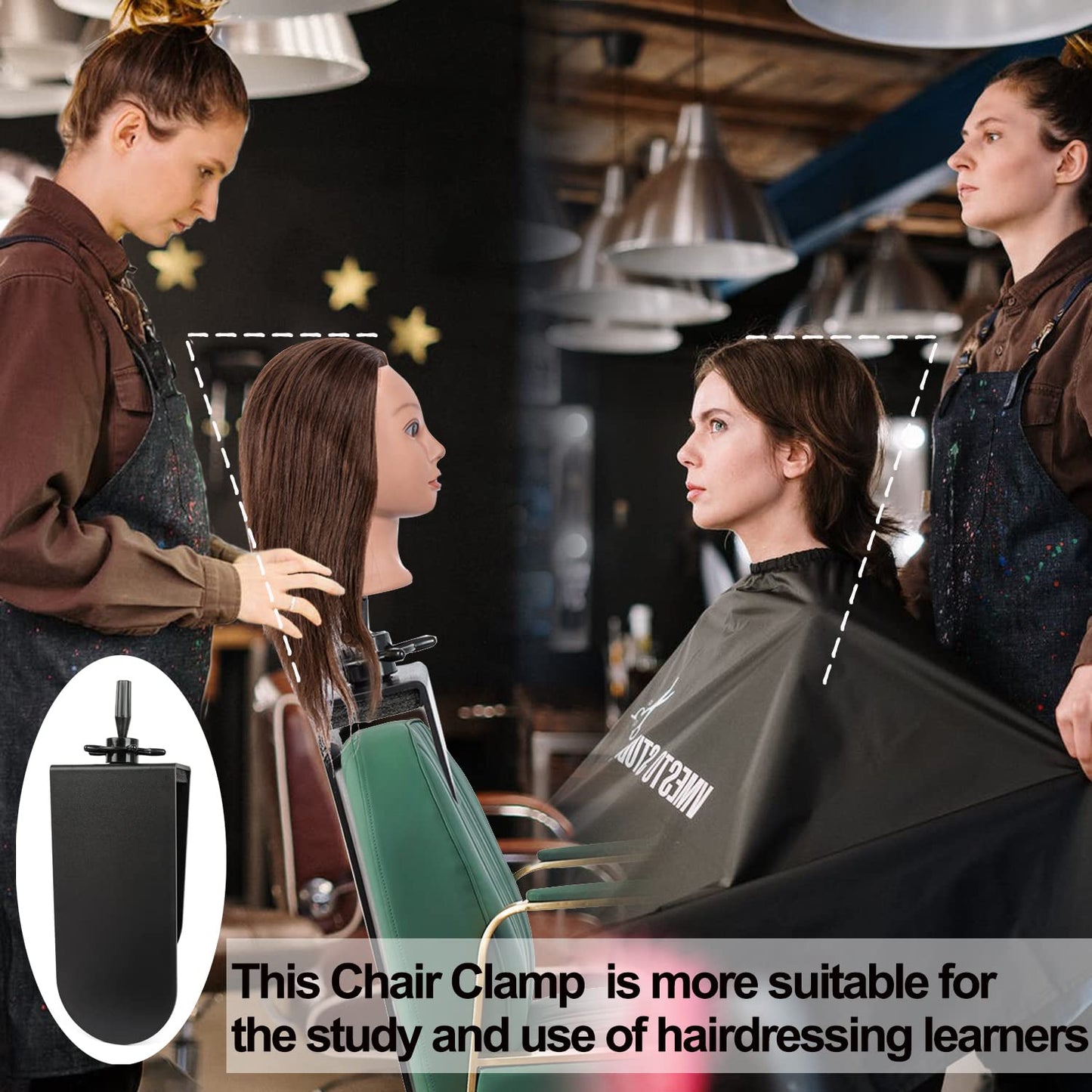 Adjustable black hairdressing training head holder clamped onto a salon chair backrest.
