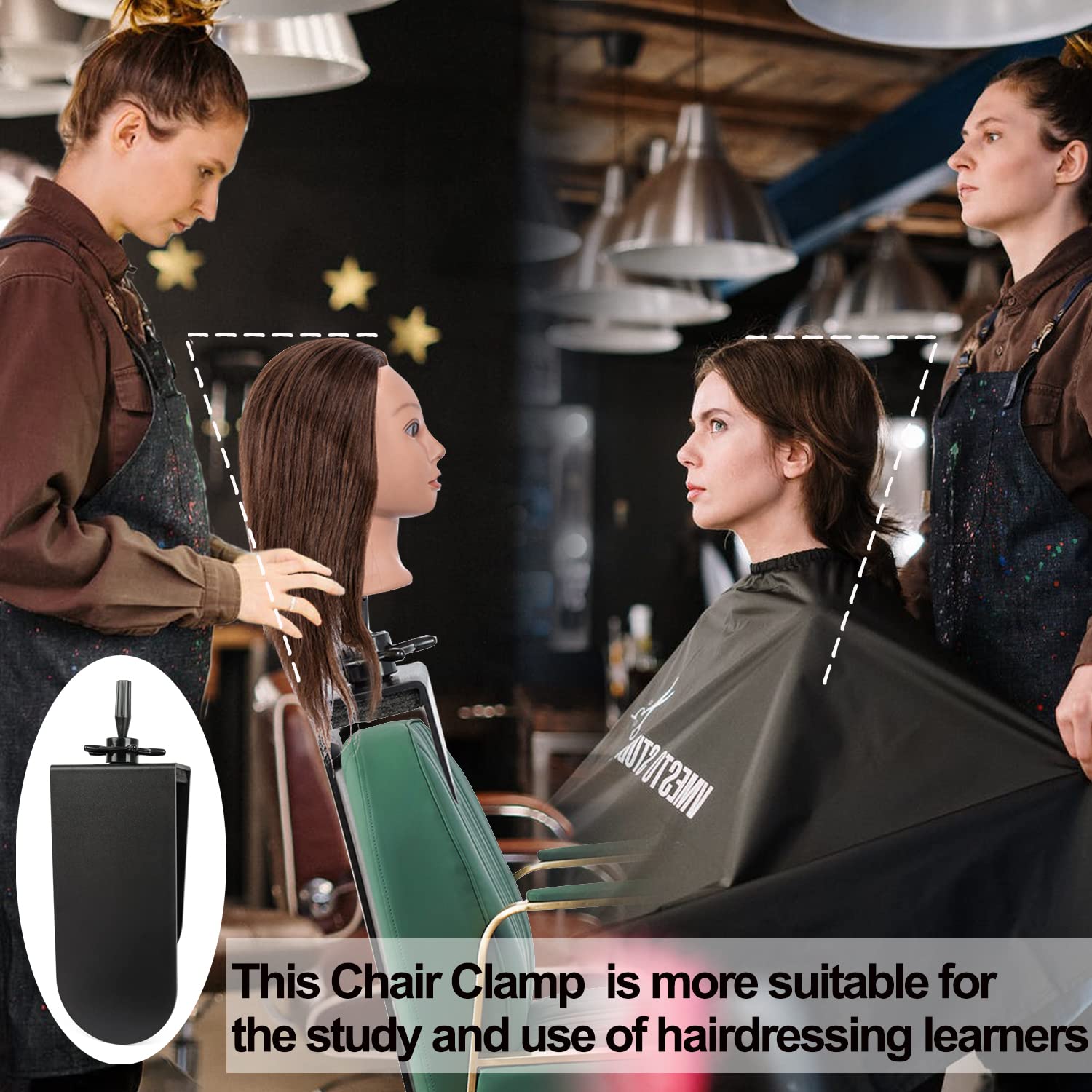 Adjustable black hairdressing training head holder clamped onto a salon chair backrest.