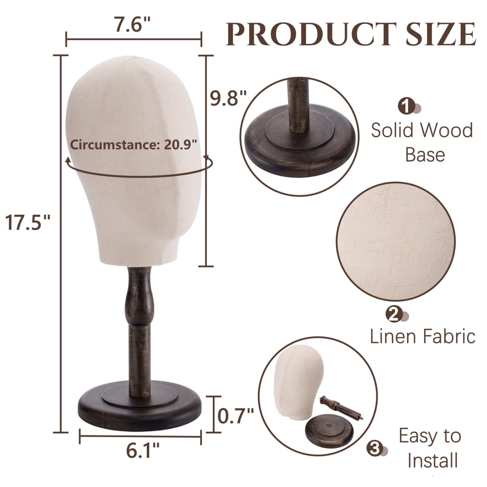 Side view of Peohud linen covered mannequin head for wig styling