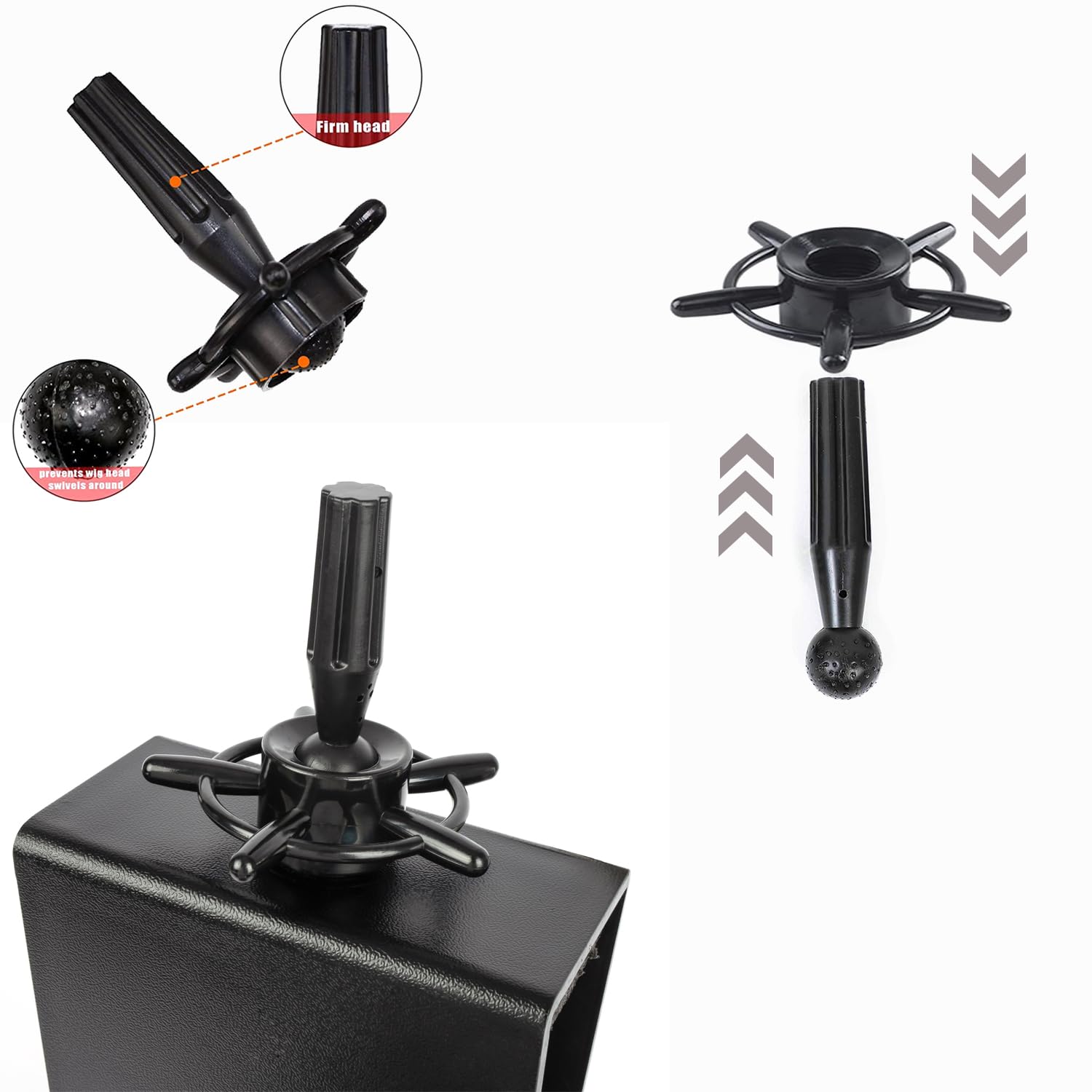 Portable black mannequin head stand holder for beauty salon and academy students.