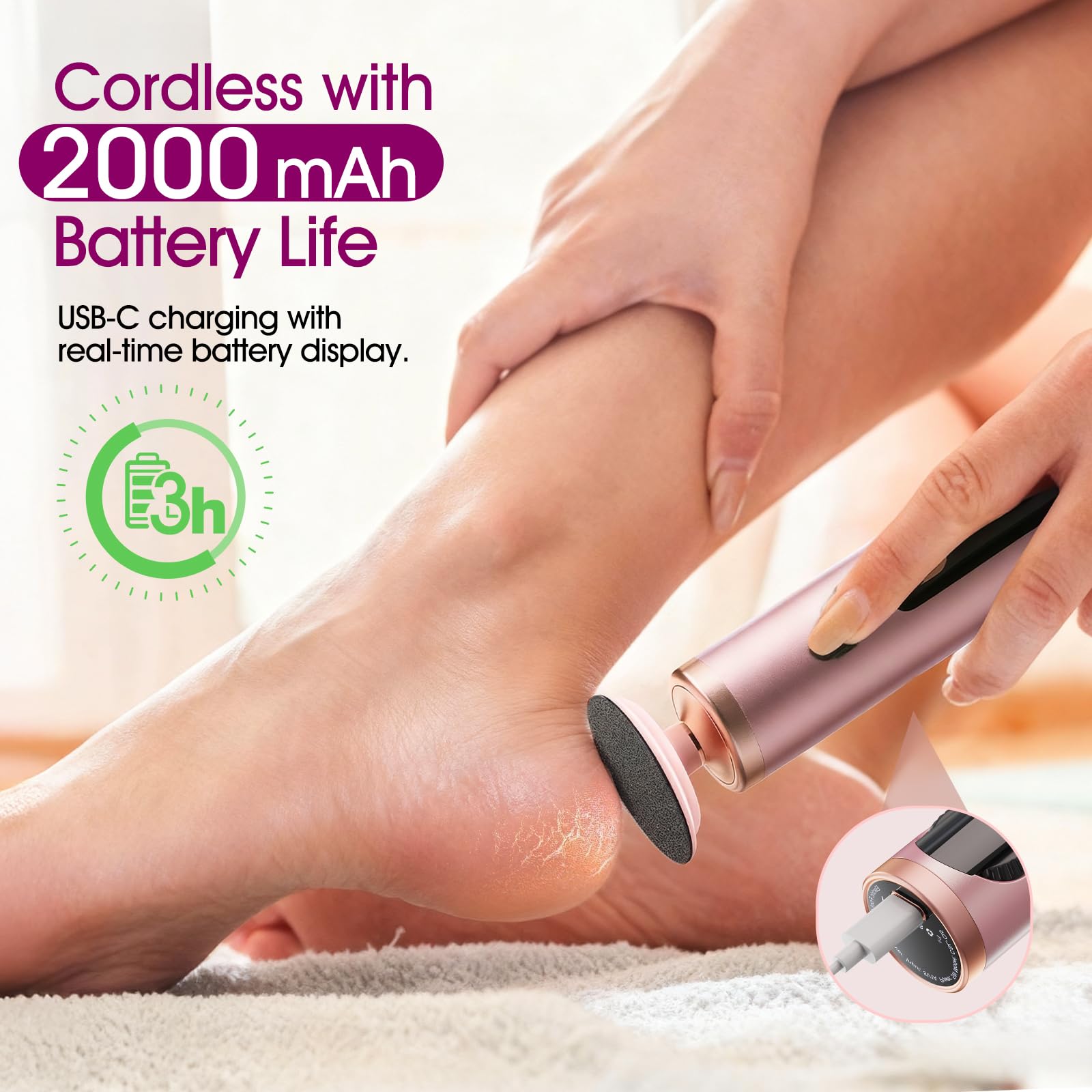 Hand holding Bicboz electric foot file for cracked heels