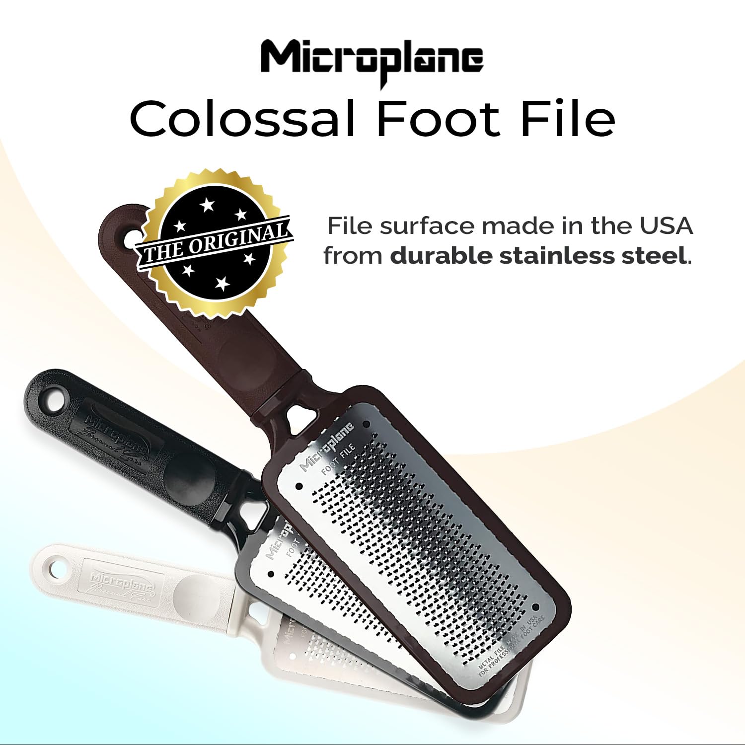 Microplane dead skin and callus remover for feet with ergonomic classic brown soft touch handle