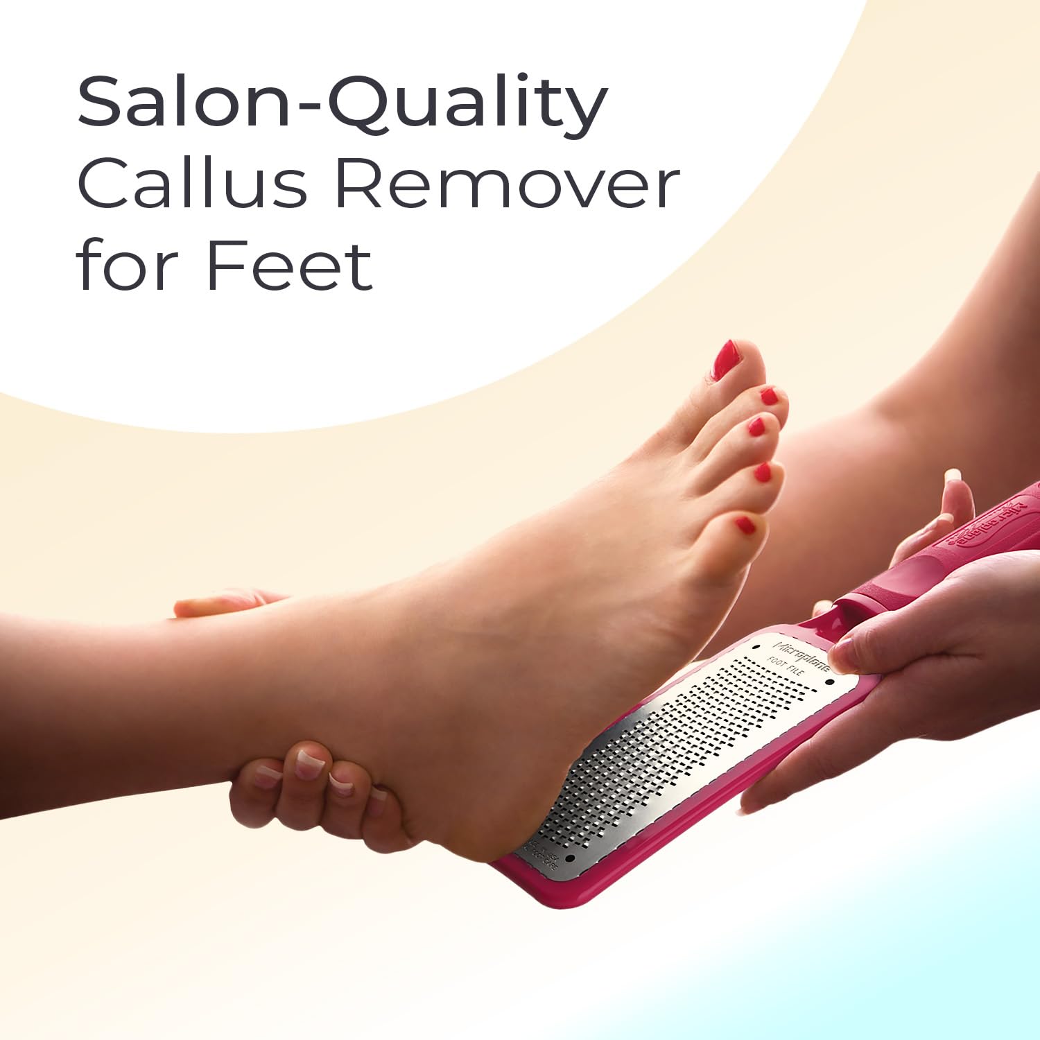 Microplane manual pedicure tool for salon quality foot care showing durable plastic frame assembly