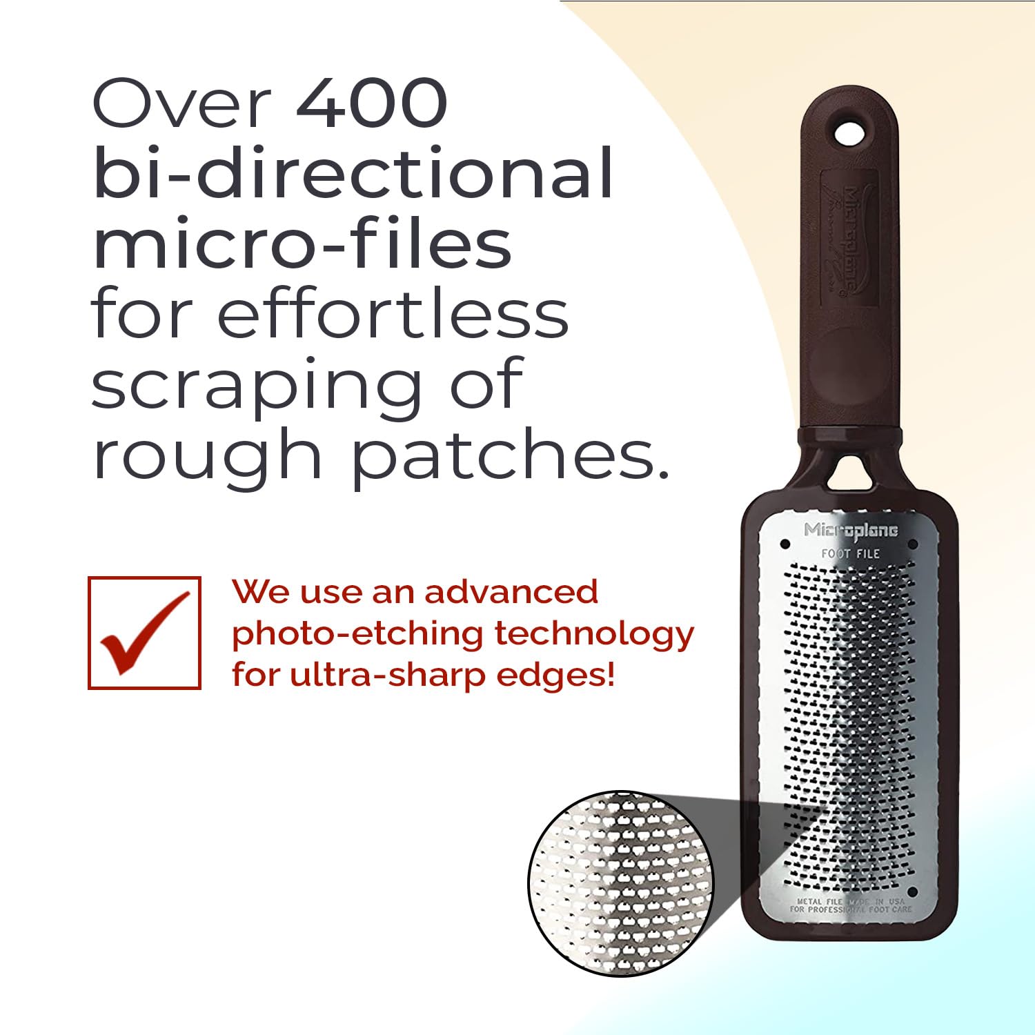 Microplane original foot rasp scraper showing extra large stainless steel filing blade surface