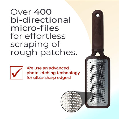 Microplane original foot rasp scraper showing extra large stainless steel filing blade surface