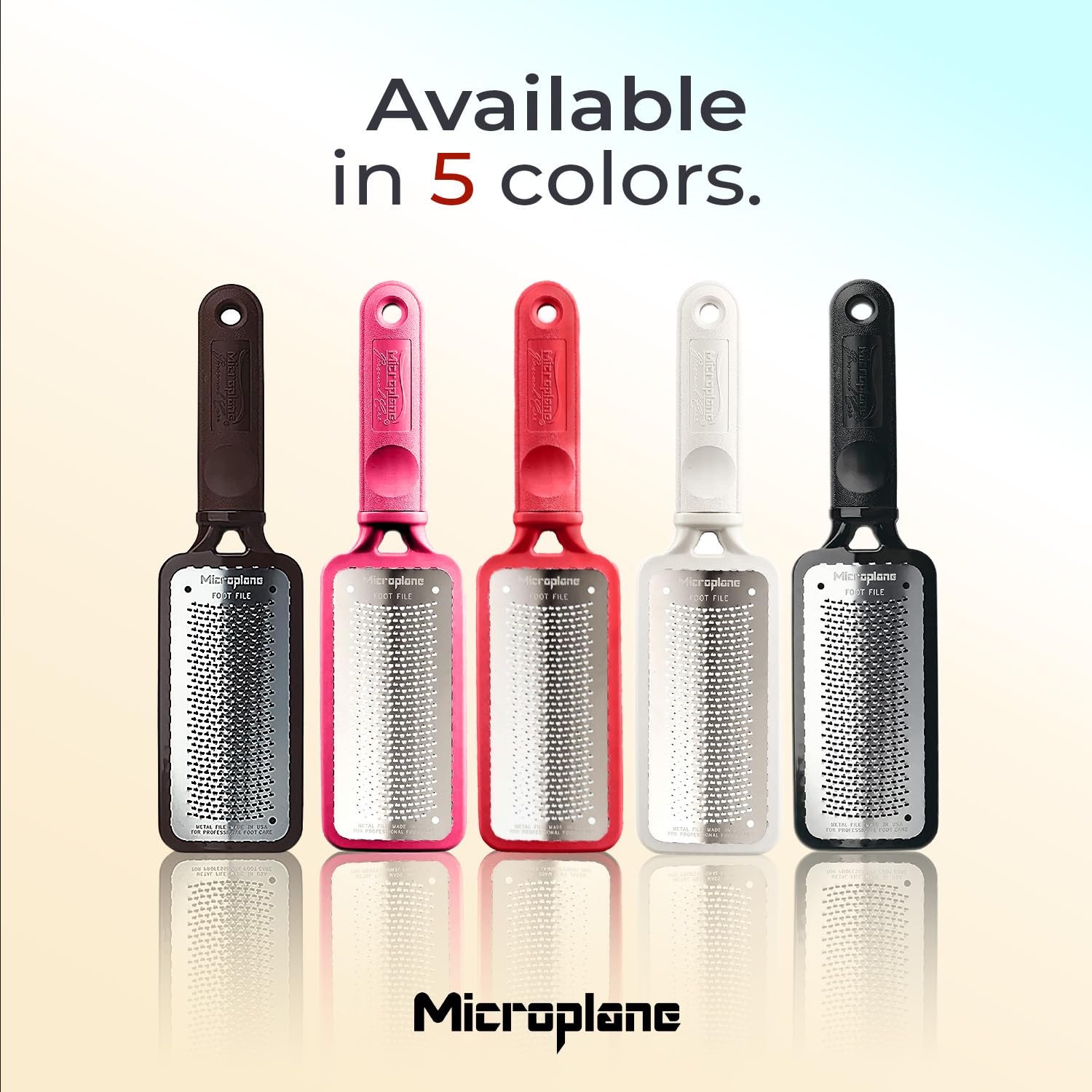 Microplane brown colossal pedicure scraper showing water resistant surgical steel construction details