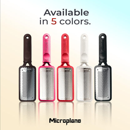 Microplane brown colossal pedicure scraper showing water resistant surgical steel construction details