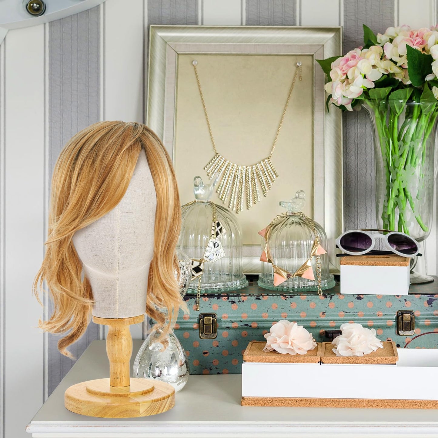 Full set view of Peohud mannequin head and wood stand components