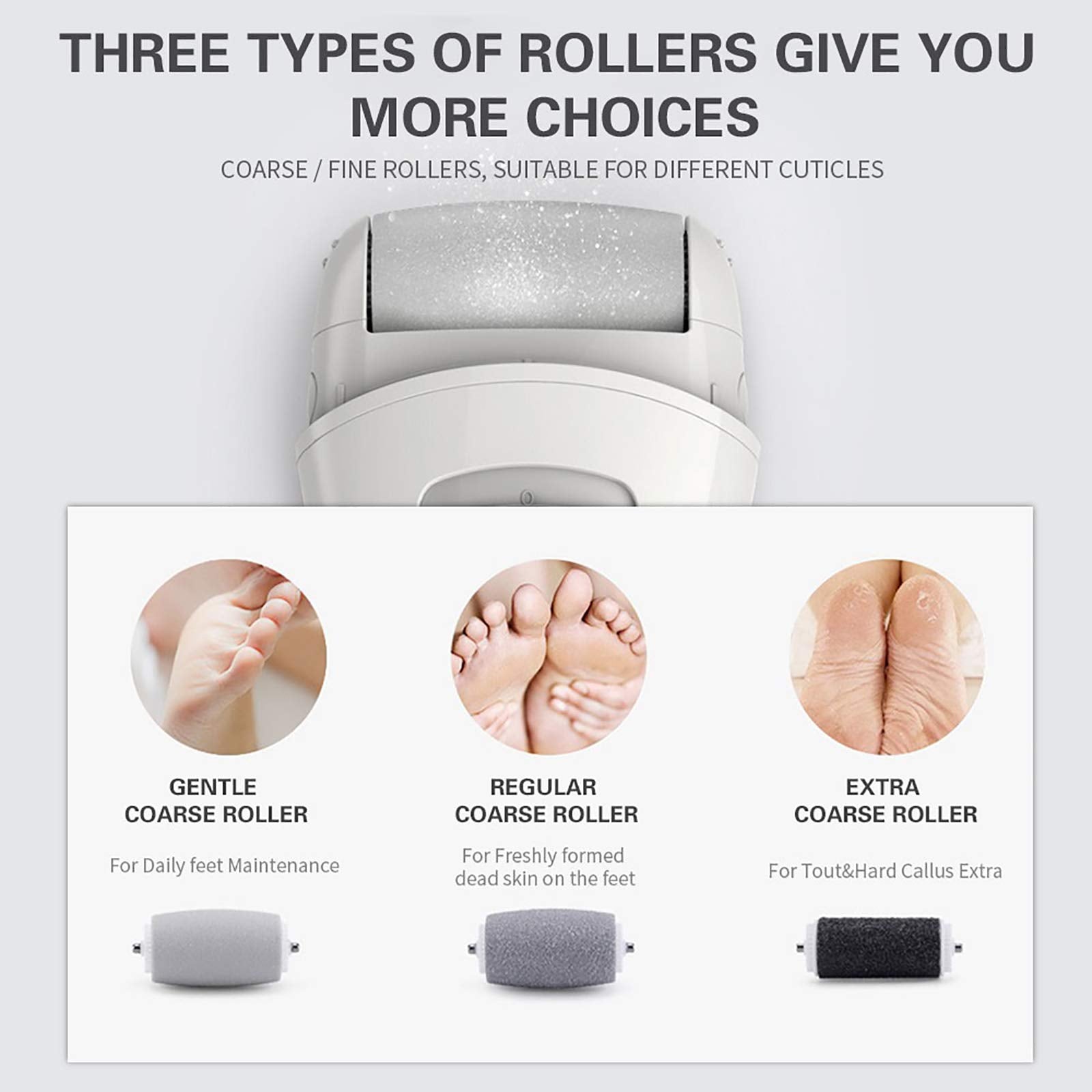 Side view of the automatic foot scrubber refill pack displaying the pink white and black color variants