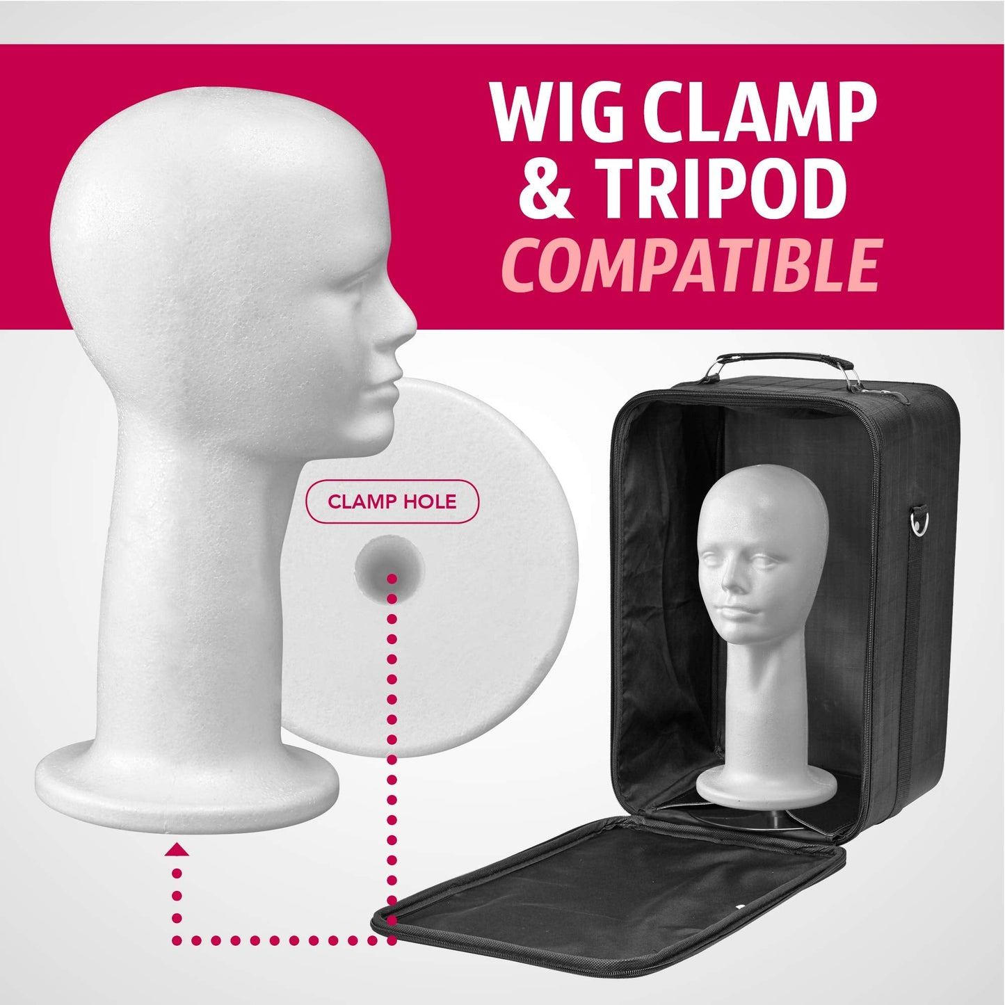 Adolfo Designs professional female styrofoam head with bottom clamp hole setup