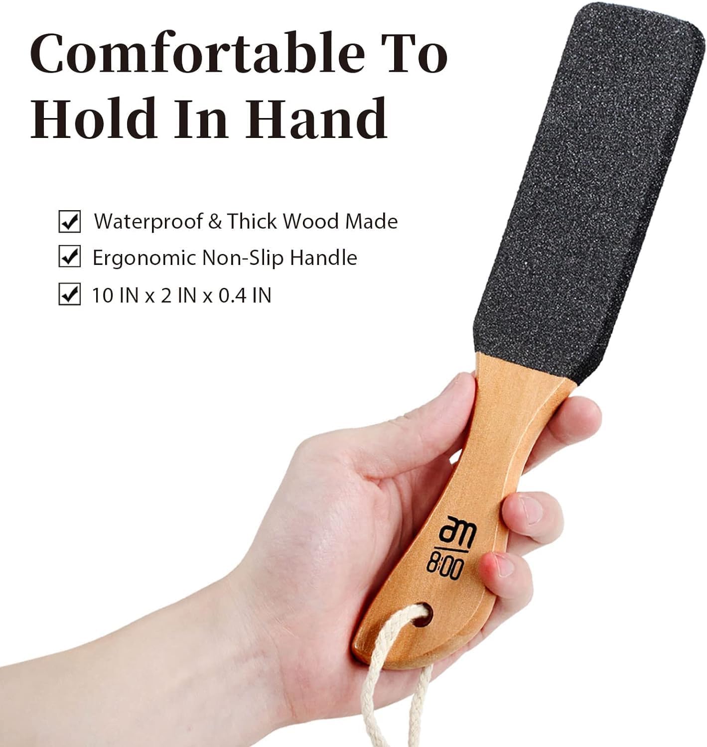 Side angle of the ergonomic beech wood handle showing the comfortable grip design of the pedicure rasp.