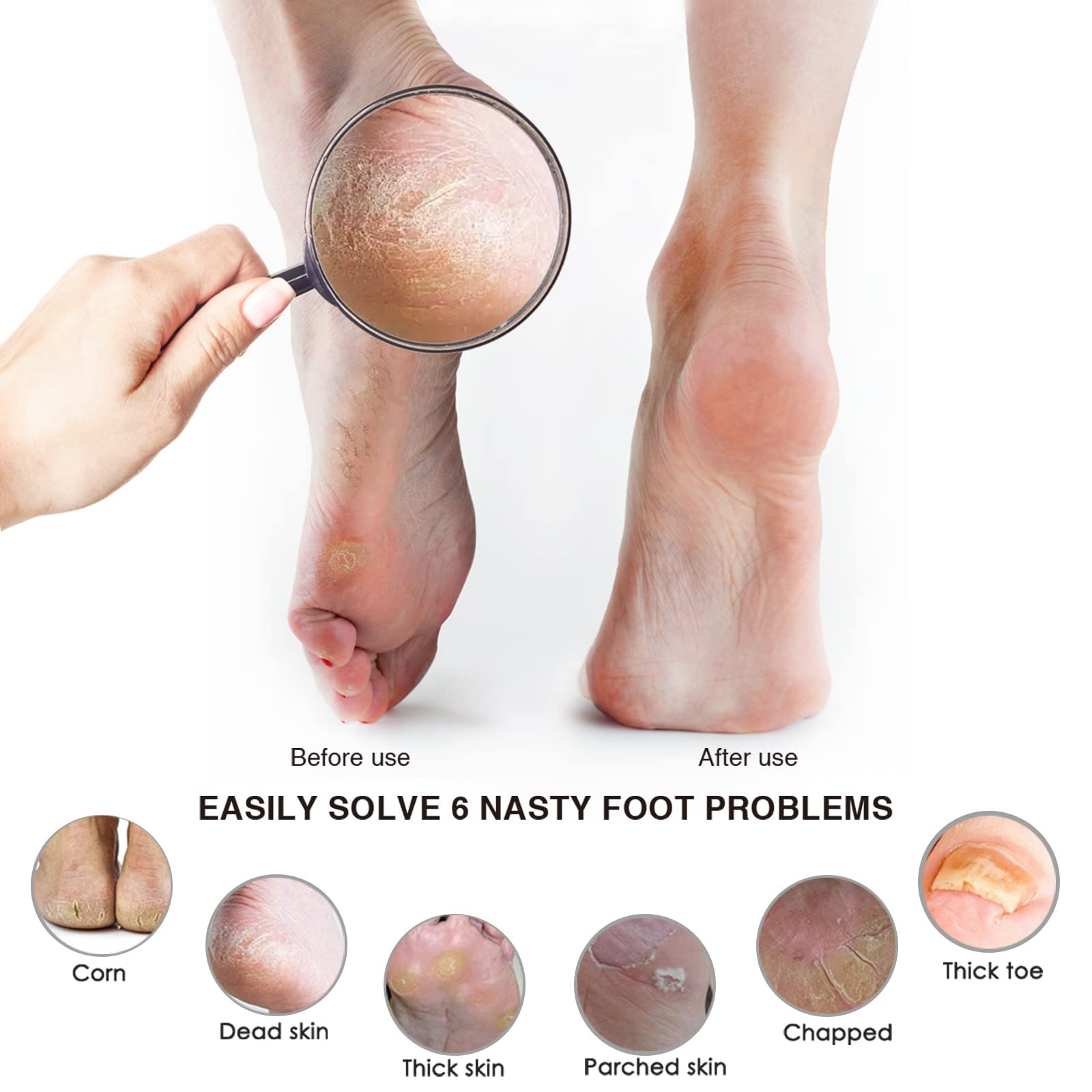 A model safely using the wooden handle callus remover on a wet heel during a home pedicure routine.