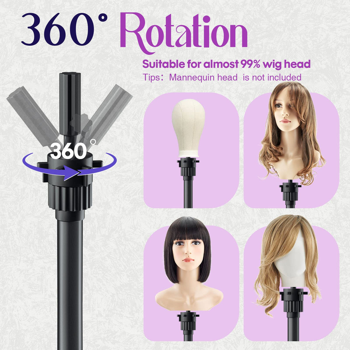 Full accessory kit layout displaying T-pins hair clips hoods and adjustment wrench included with the wig tripod
