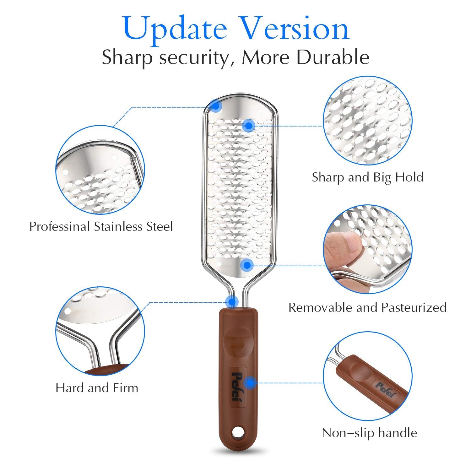 Pefei detachable foot scrubber showing the silver metal plate separated from the brown handle