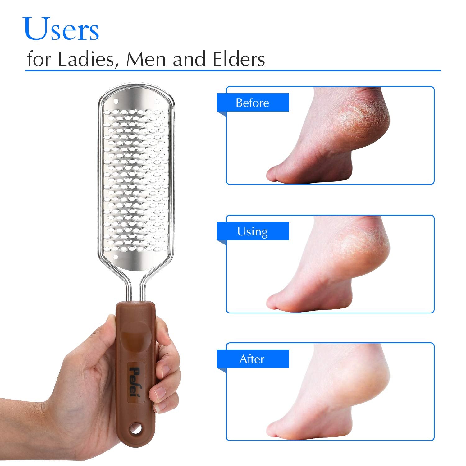 Ergonomic non slip brown handle of the professional foot file for precise grip