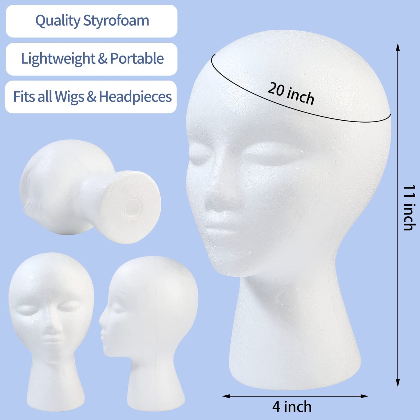 White foam head mannequin set with integrated clamp hole