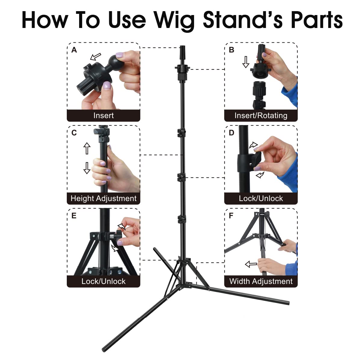 Adjustable metal mannequin head holder extended to maximum height with training accessories