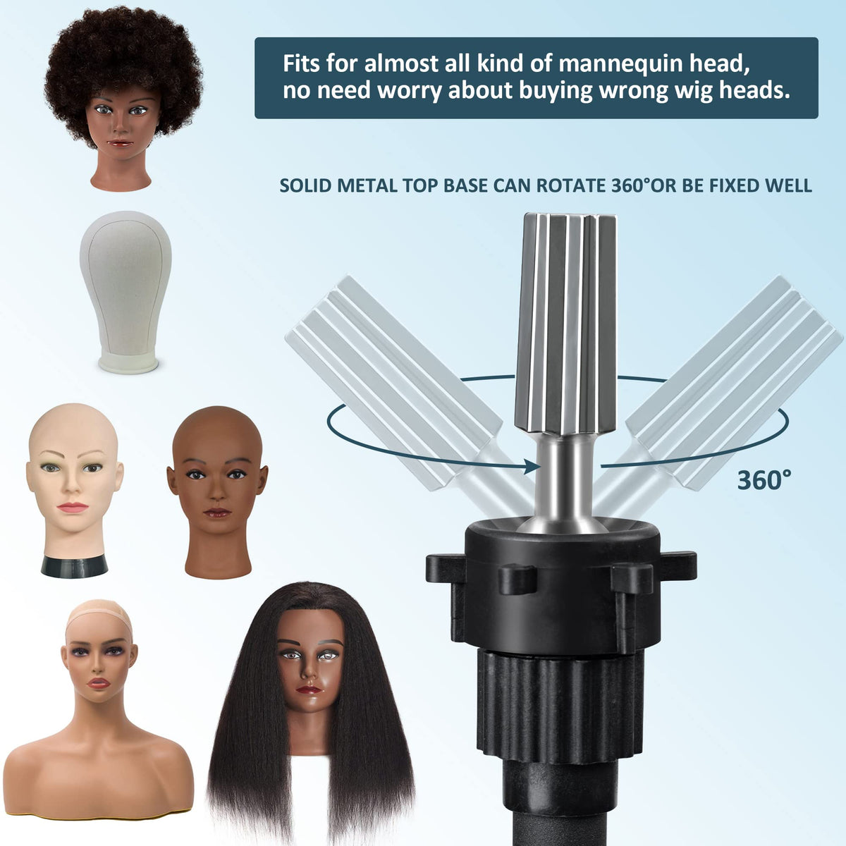 Heavy duty wig tripod base with anti slip rubber pads