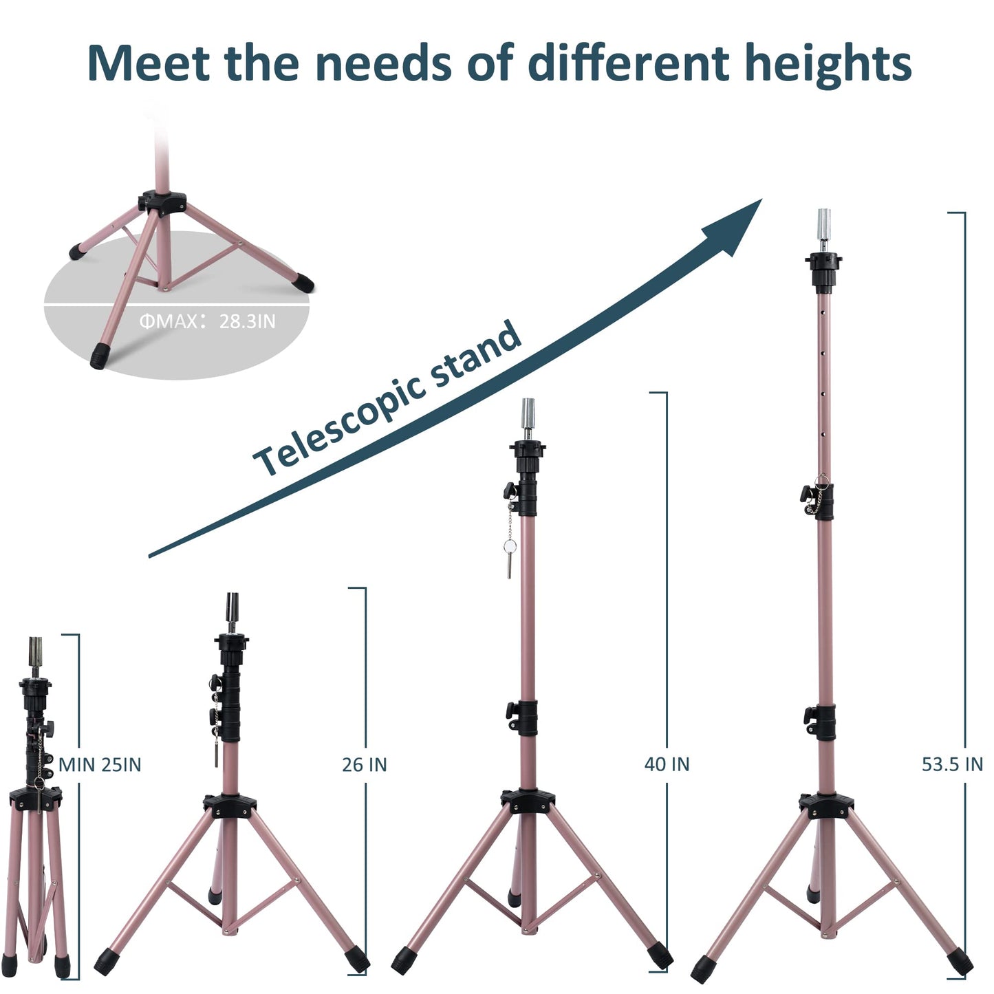 Rose gold mannequin stand extended to maximum height for hair training
