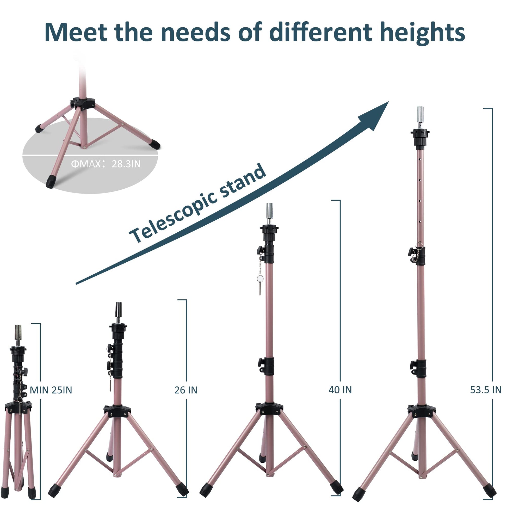 Rose gold mannequin stand extended to maximum height for hair training