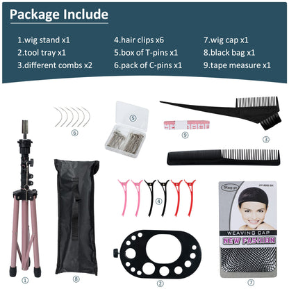Full kit of hair accessories clips and pins included with wig stand