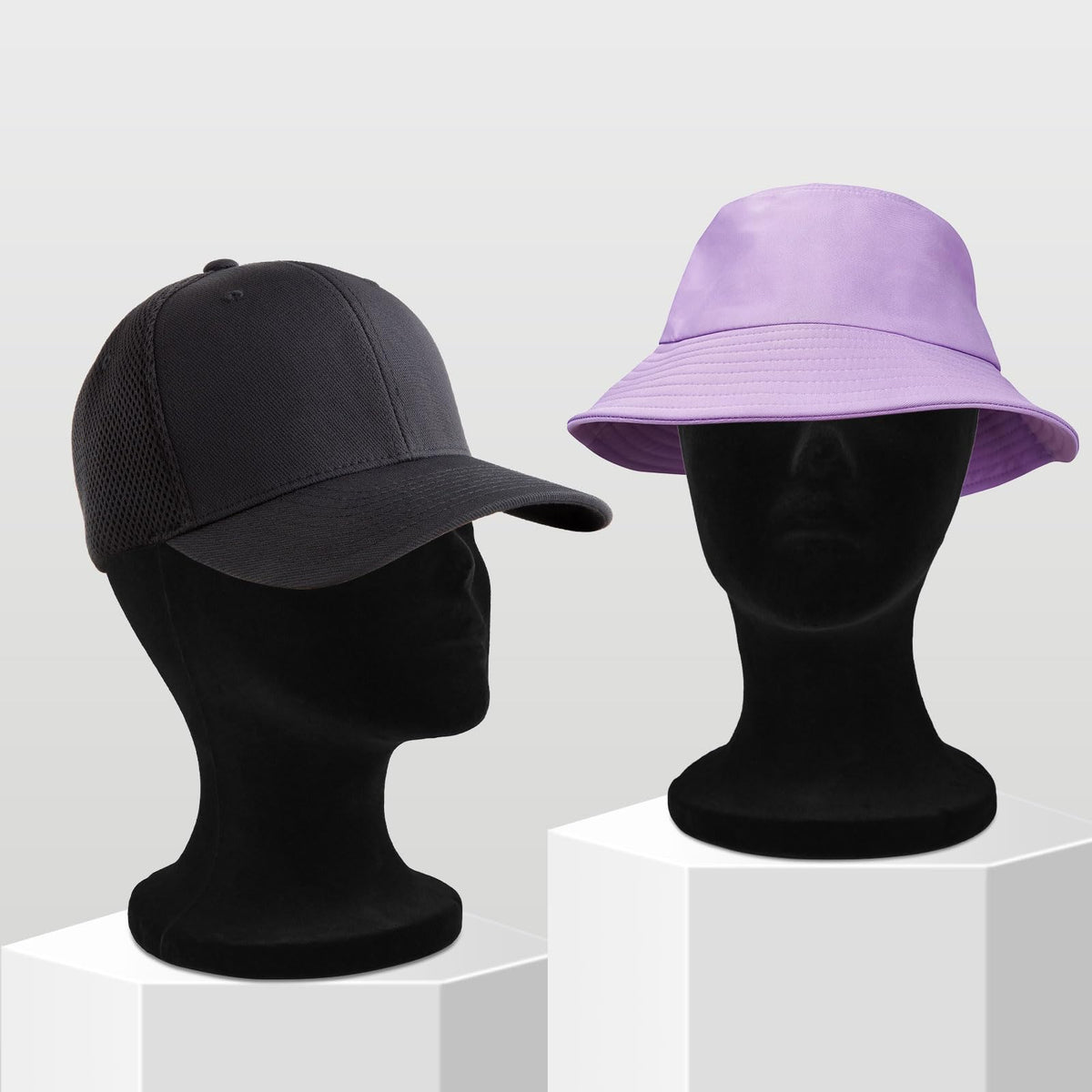 Two FJIAYU mannequin heads displayed with hats and glasses