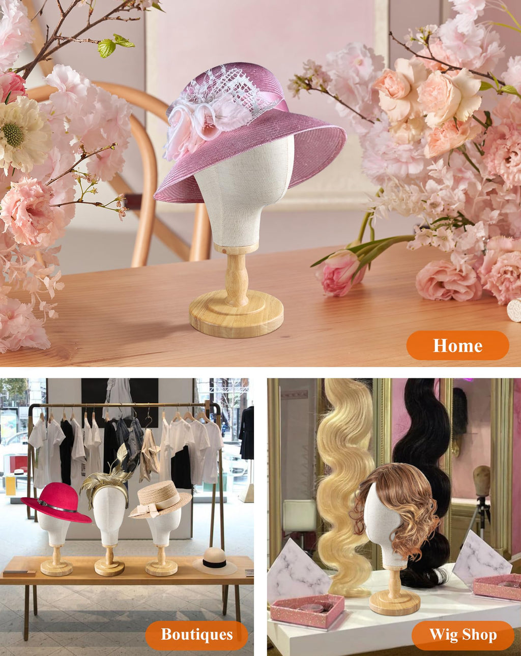 Side angle of realistic facial feature indicator on fabric mannequin head holder