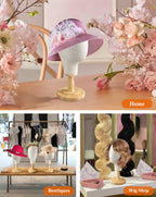 Side angle of realistic facial feature indicator on fabric mannequin head holder