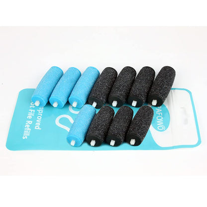 Full contents layout of the eleven piece foot care refill pack showing all dual texture rollers