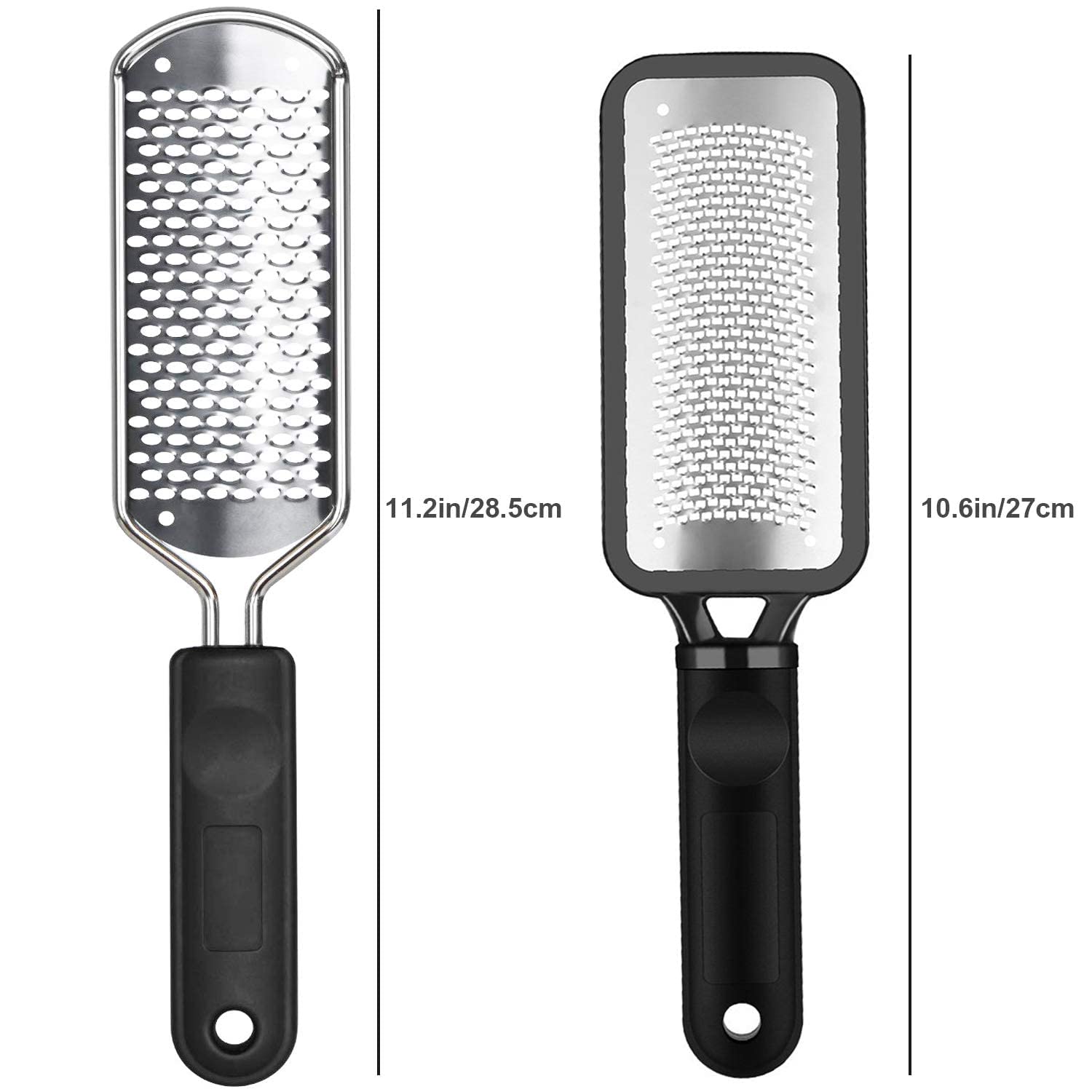Two pieces of professional stainless steel foot file callus removers with hanging holes for storage.