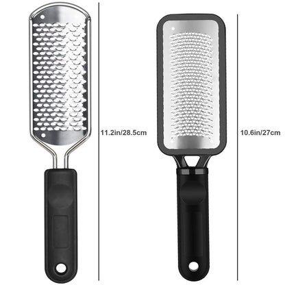 Two pieces of professional stainless steel foot file callus removers with hanging holes for storage.