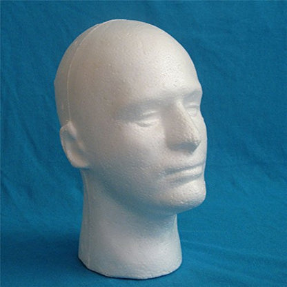 Polystyrene male mannequin head profile view showing realistic facial structure