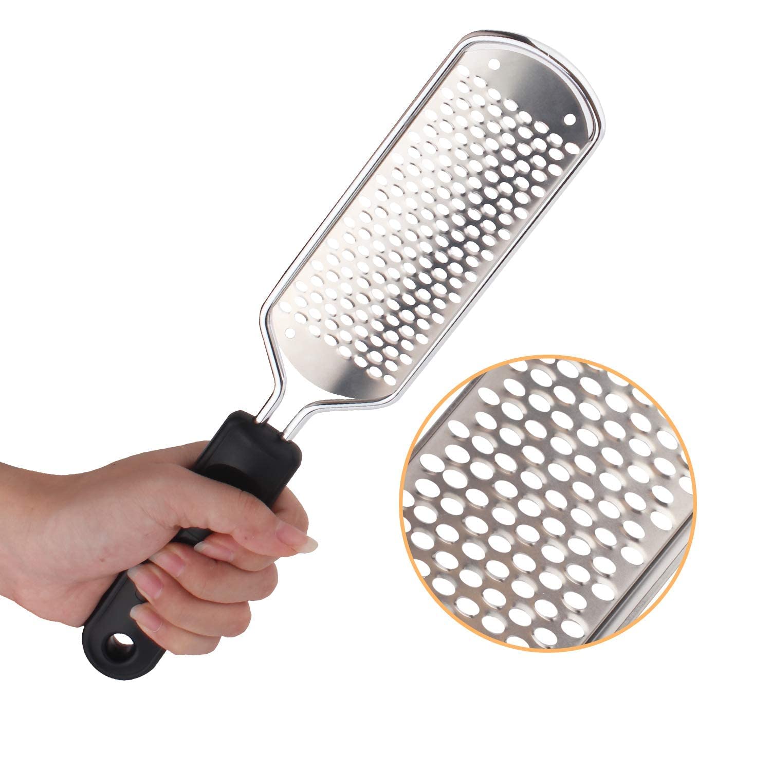 Close up view of the wavy pattern stainless steel surface on the professional dead skin remover for feet.
