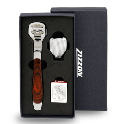 Complete ZIZZON foot care set featuring the wooden shaver and replacement blade pack