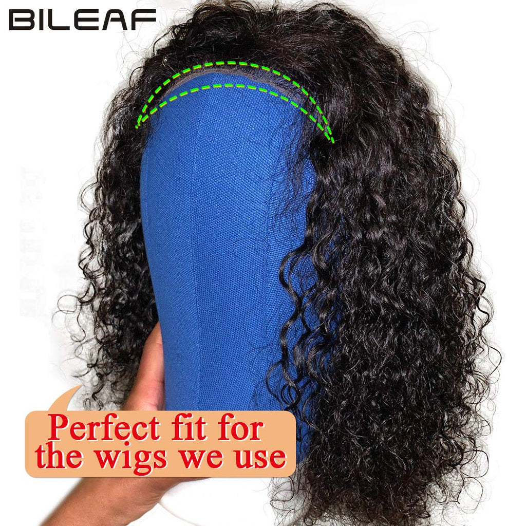 Bileaf poly canvas wig head set securely attached to a table clamp stand