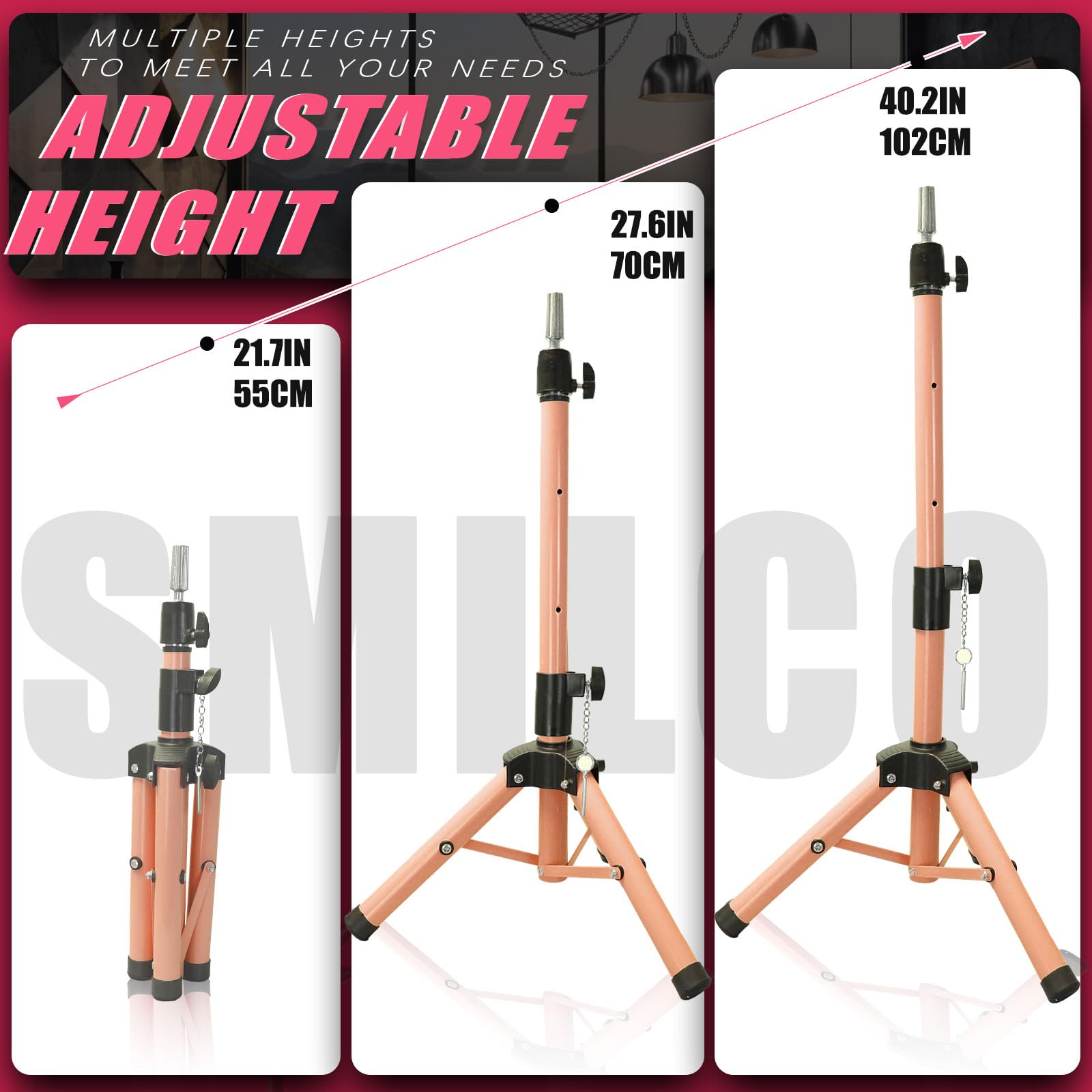 Adjustable cosmetology training mannequin head stand extended to its maximum height.