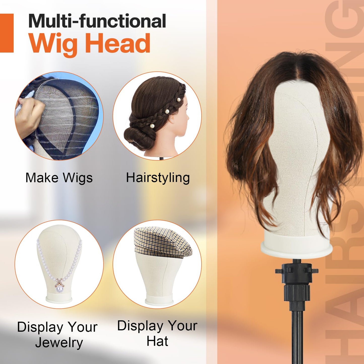 Close up view of the durable canvas material texture on a professional hairdressing mannequin head.