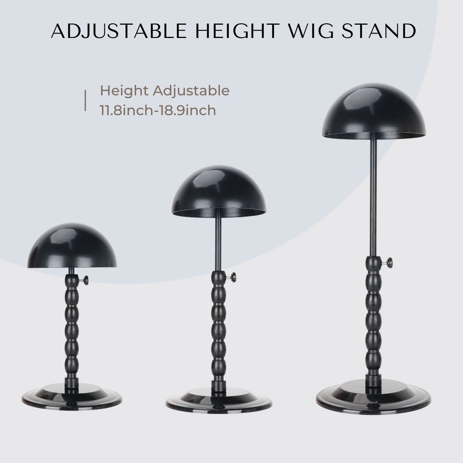 Two packs of portable foldable black wig holders with dome tops.