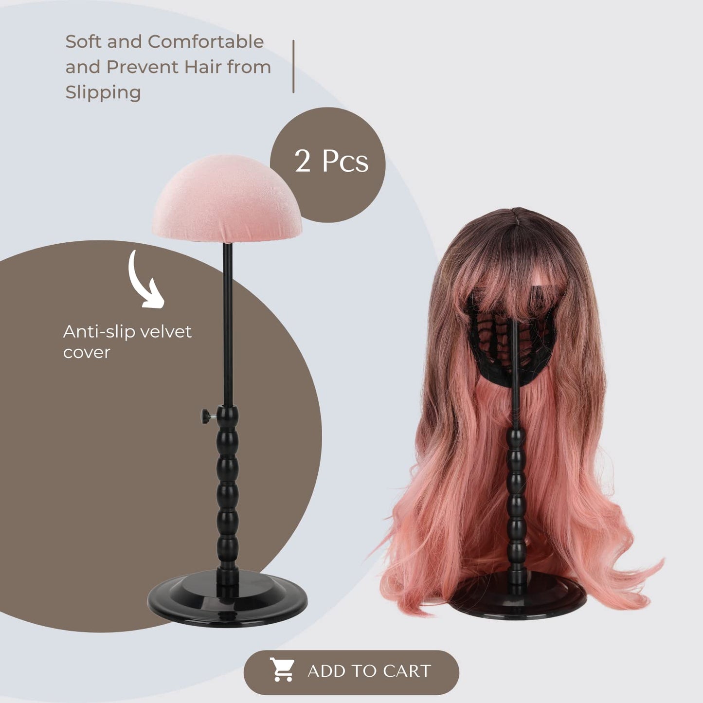 Black plastic hairpiece display tool with soft velvet cover attached.