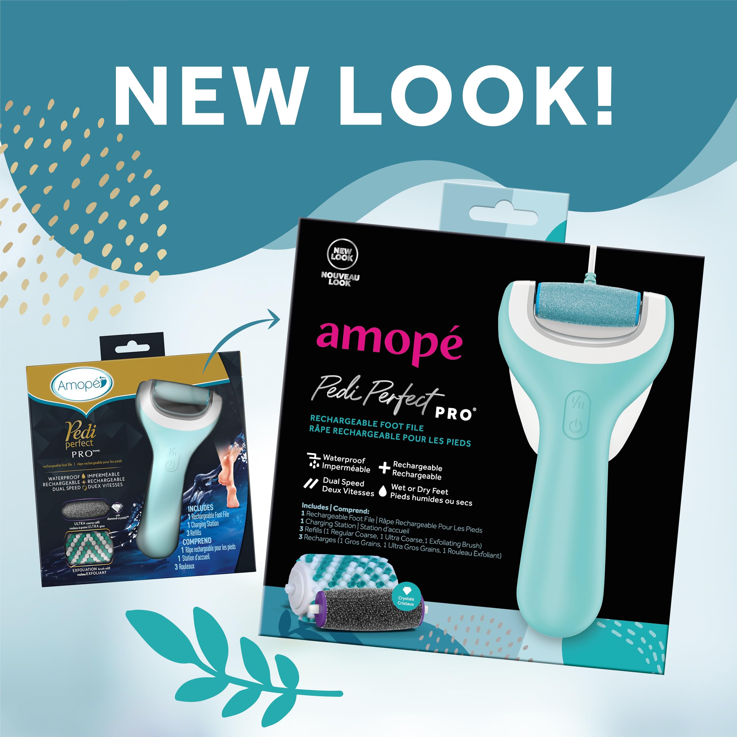 Amope rechargeable waterproof foot file kit with three roller heads layout