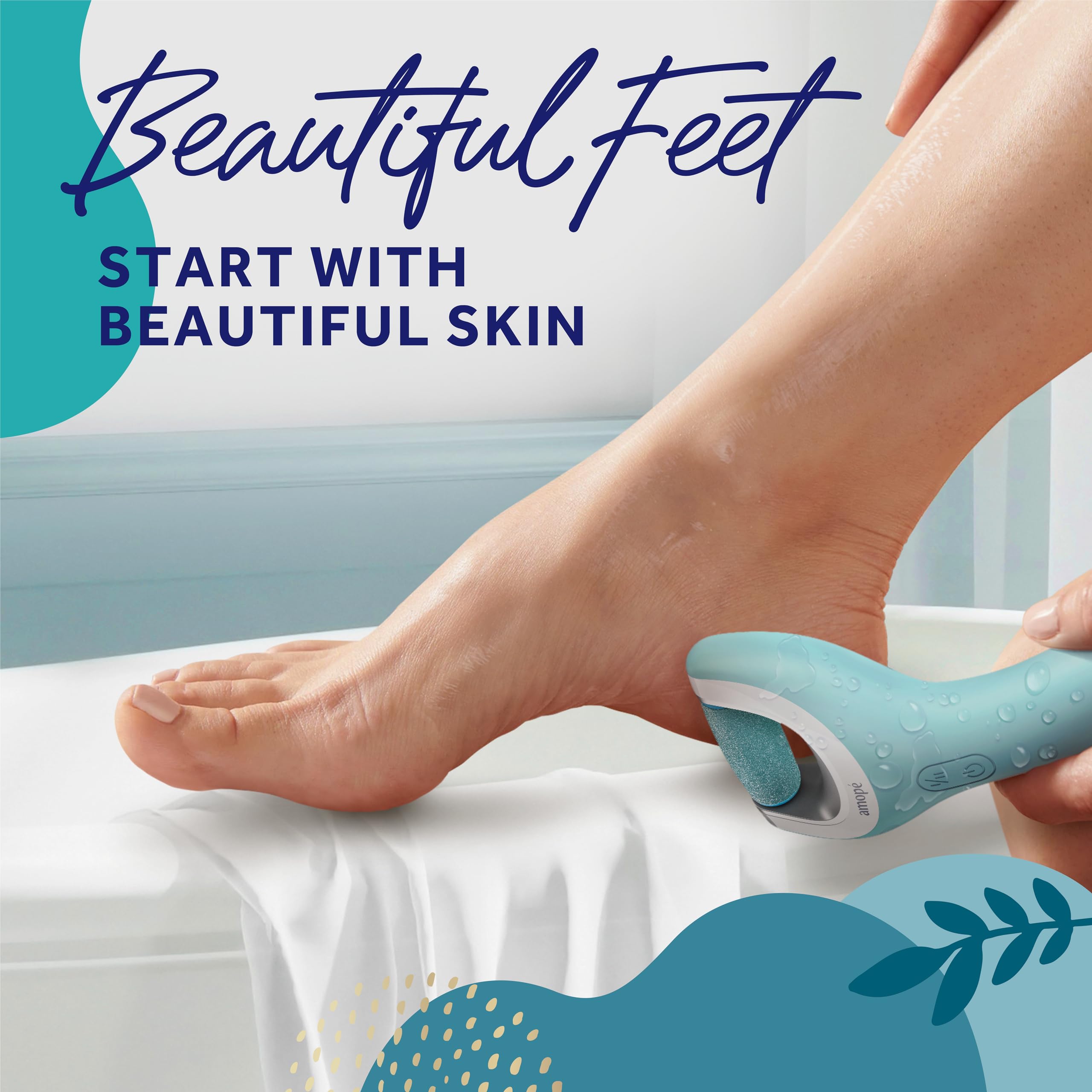 Amope electric callus remover being used on wet skin in the shower