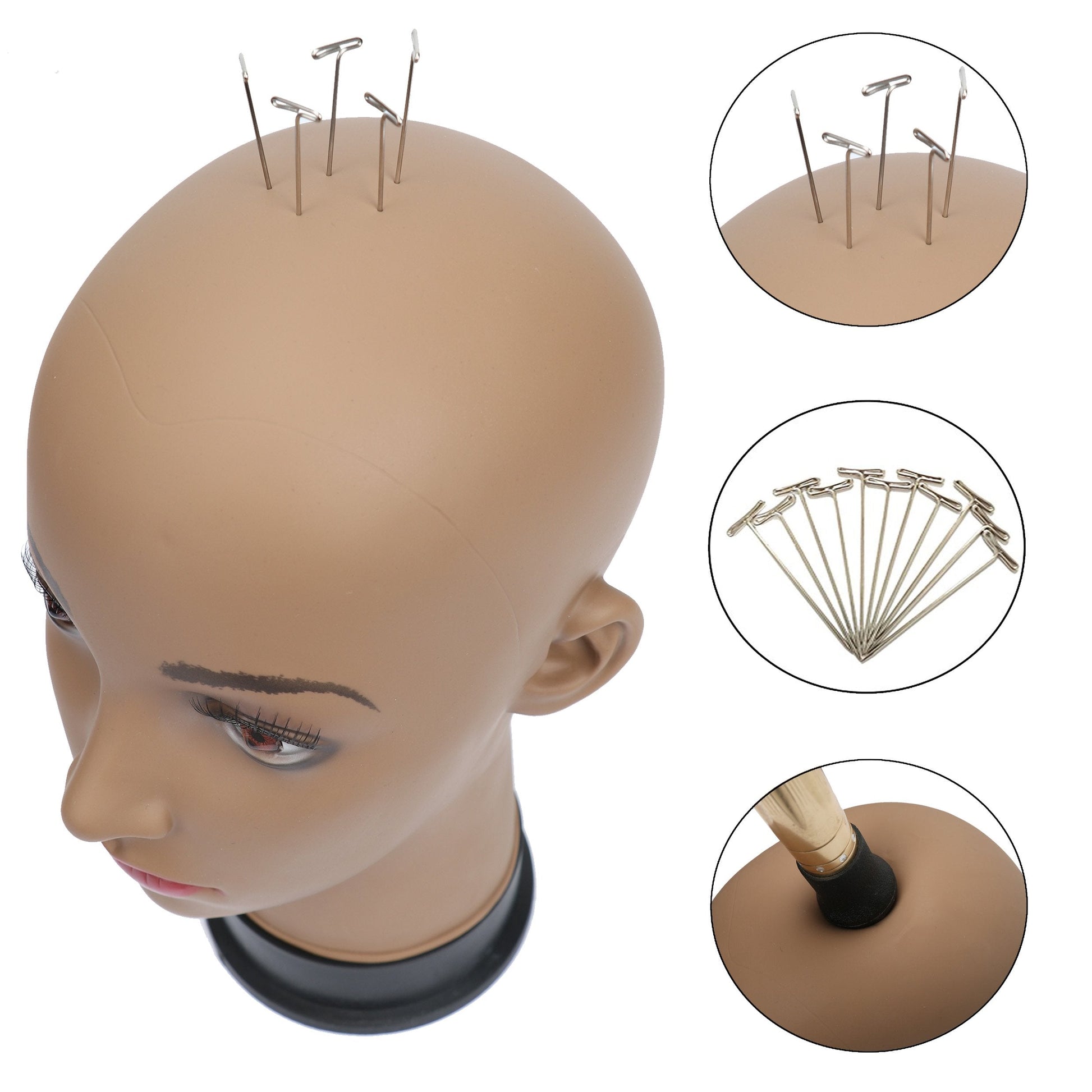 Side profile of brown female bald mannequin head showing realistic head shape.