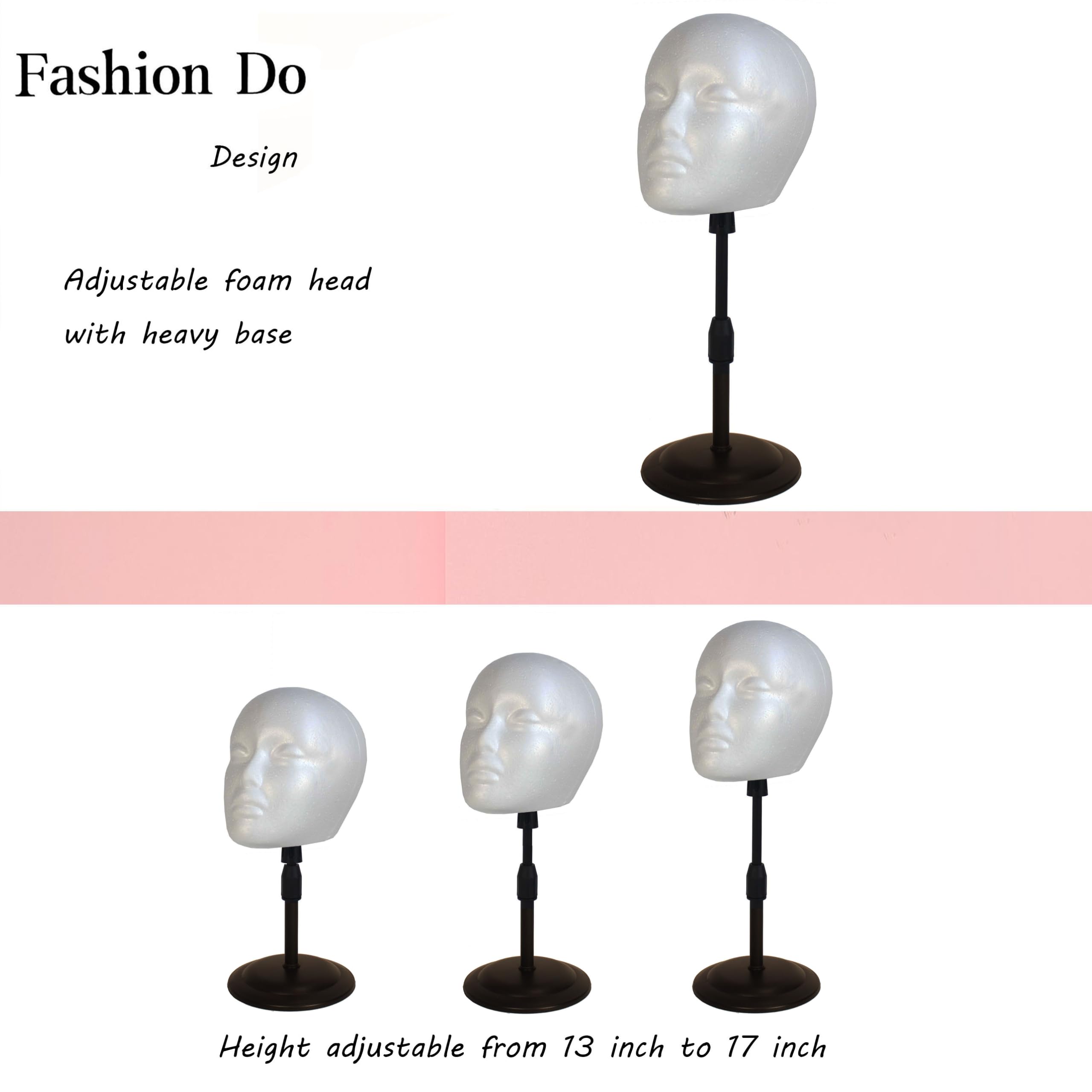 Two pack foam wig holder showing height adjustment from thirteen to seventeen inches